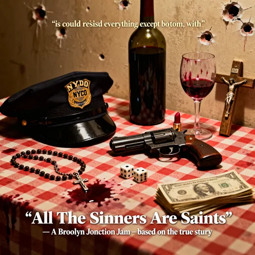 Prompt: 
A 1970’s New York Police department cap, a set of rosary beads, a gun, a bottle of wine and an empty wine glass with lipstick stains are on a red gingham table in an Italian restaurant. The crucifix sits atop the red gingham tablecloth surrounded by a wine stain. There are two dice and a stack of money. There are bullet holes in
The wall.  At the bottom of the image it reads “All The Sinners Are Saints” - A Brooklyn Junction Jam - based on a true story. At the top it reads ”He could resist everything except temptation”