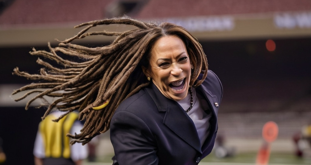 Prompt: Create an image of kamala harris with dread locks running with a football diving into the endzone