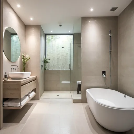 Prompt: modern bathroom with waterfall shower with light colours

