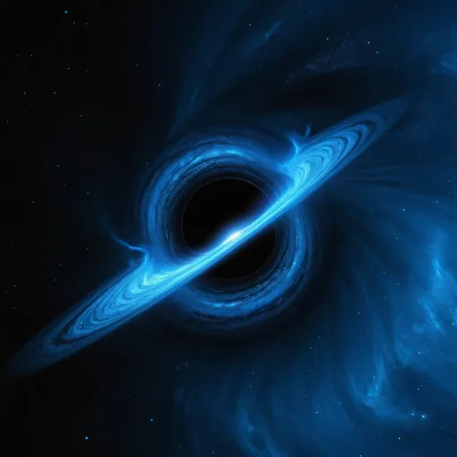 Prompt: (hyper-realistic blue black hole), swirling cosmic energies, glowing event horizon, deep space background, intricate details of gravitational distortion, vibrant shades of blue, ethereal lighting effects, captivating stellar backdrop, infinite depth and darkness, visually stunning space phenomenon, ultra-detailed, 4K resolution.