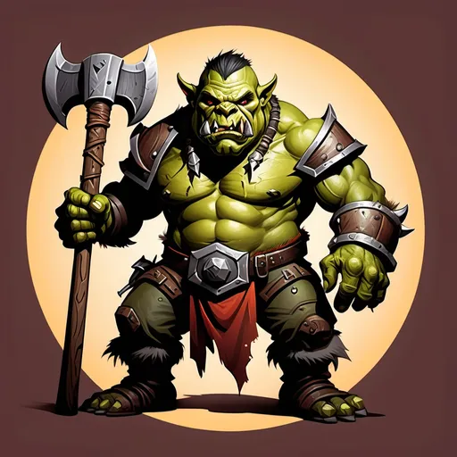 Prompt: vibrant-fantasy Orc character with an axe hands, fantasy character art, logo type illustration with “Vault Orchestration” text, dnd, warm tone