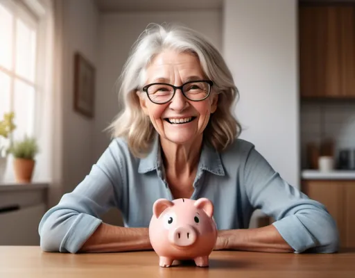 Prompt: young Friendly Senior Woman Smiling Happily with Piggy Bank on table next to her left side, ultra photorealistic, at home