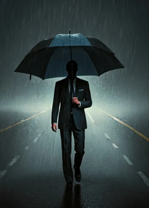 Prompt: (moody abstract) man facing forward, holding an umbrella, rain pouring down, (dramatic lighting), dark undertones, splashes of color bleeding into the scene, face obscured by umbrella, wearing a suit, standing in middle of road, deep shadows enhancing emotion, (heavy rain texture), stark contrast between the figure and the chaotic background, evocative ambiance, HD quality, ultra-detailed, impactful imagery.