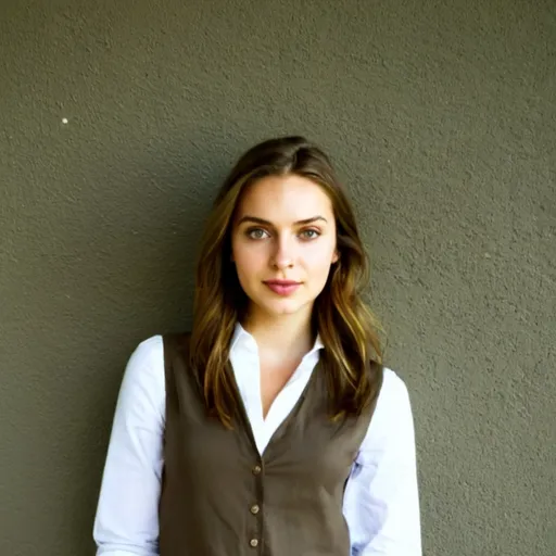 Prompt: a picture of a 30-year-old woman standing and wearing a button-up white shirt, brown hair