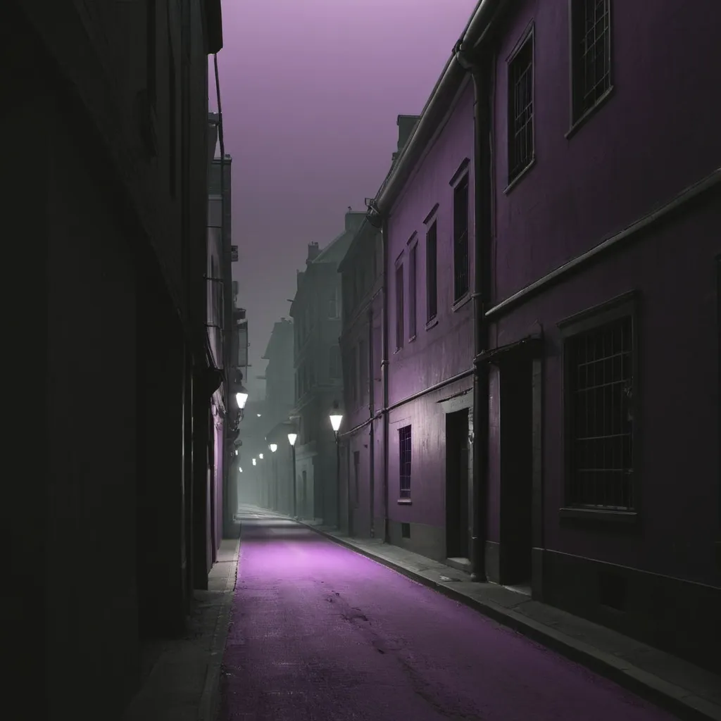 Prompt: a dark street with few details, the only color is a bit of purple