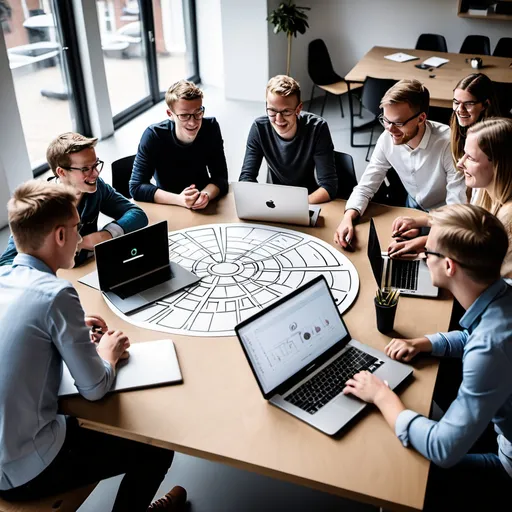 Prompt: Een dynamische afbeelding van een groep jonge ondernemers die samenwerken rond een tafel met laptops, papieren en brainstormmaterialen. De sfeer is energiek en creatief, met mensen die lachen, discussiëren en samenwerken in een start-up omgeving