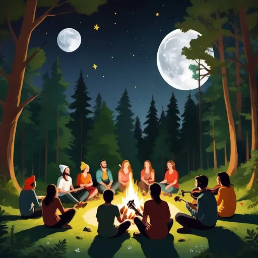 Prompt: Festival In the forert, people are sitting in the forest around a fire, the moon is shining, they are playing and singing