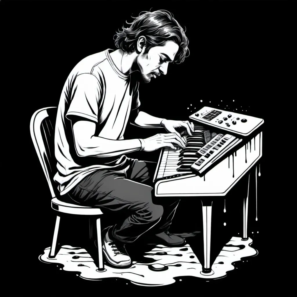 Prompt: hand drawn black outline image in a lazy style of musician playing a melting keyboard