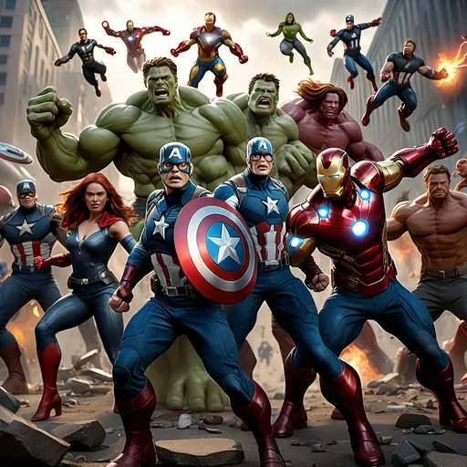 Prompt: Marvel Avengers superhero lineup, (dramatic battle scene) unfolding in the background, superheroes standing heroically, showcasing their unique powers and abilities, (dynamic poses), vibrant and intense colors capturing the energy of the fight, (epic) atmosphere of triumph and strength, ultra-detailed features, high-definition rendering, (heroic) expressions of confidence and determination, compelling action composition. Only show each super hero once