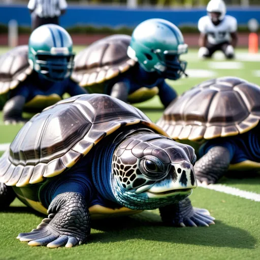 Prompt: Leatherback SEA turtles as linebackers wearing helmets all lined up (1 or 2 turtles) on a football field