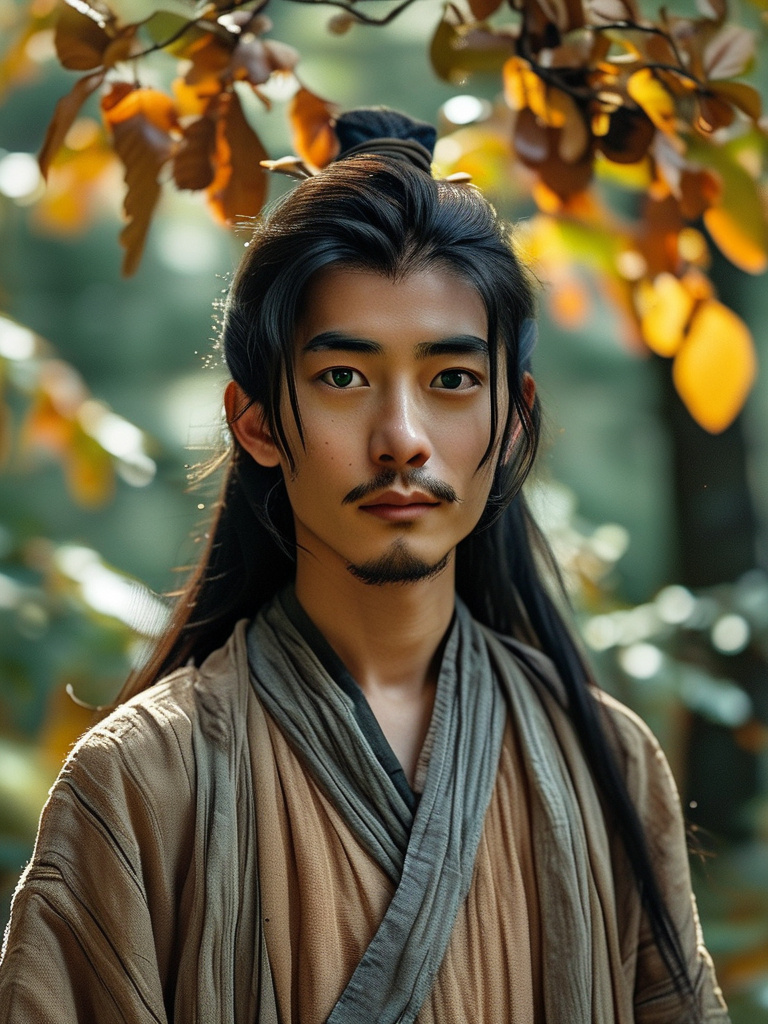 Prompt: A young happy calm Japanese Vietnamese Chinese Taiwanese Korean man with large innocent eyes, small nose, small plump lips, long hair, soft features, wearing a long robe, facing forward in a lush alpine forest.