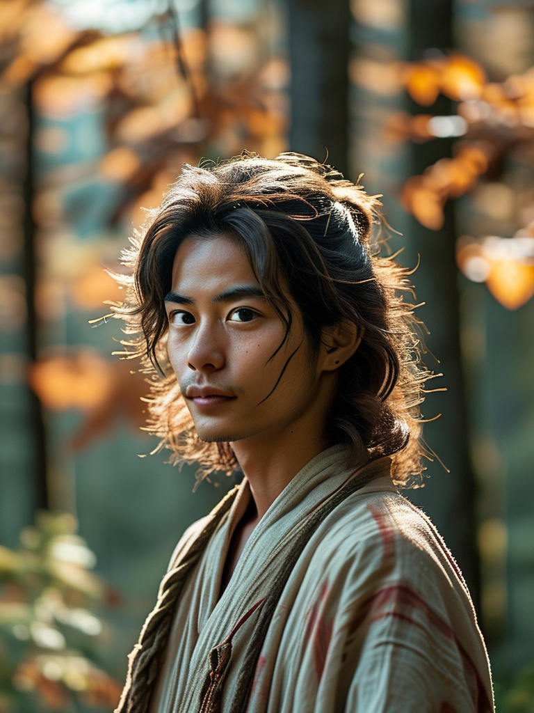 Prompt: A young happy calm Japanese Vietnamese Chinese Taiwanese Korean man with large innocent eyes, small nose, small plump lips, long hair, soft features, wearing a long robe, facing forward in a lush alpine forest.