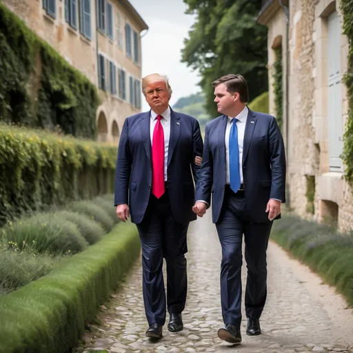 Prompt: Trump and JD Vance holding hands romantically walking in France