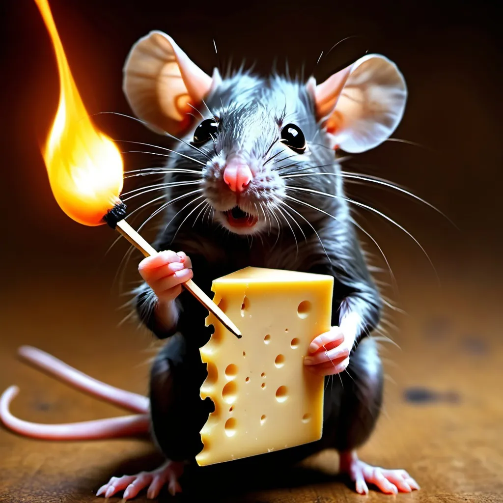 Prompt: Create a meme about a rat that hates cheese, and wants to set it on fire because it's a vegan rat. The rat is holding a match to the cheese