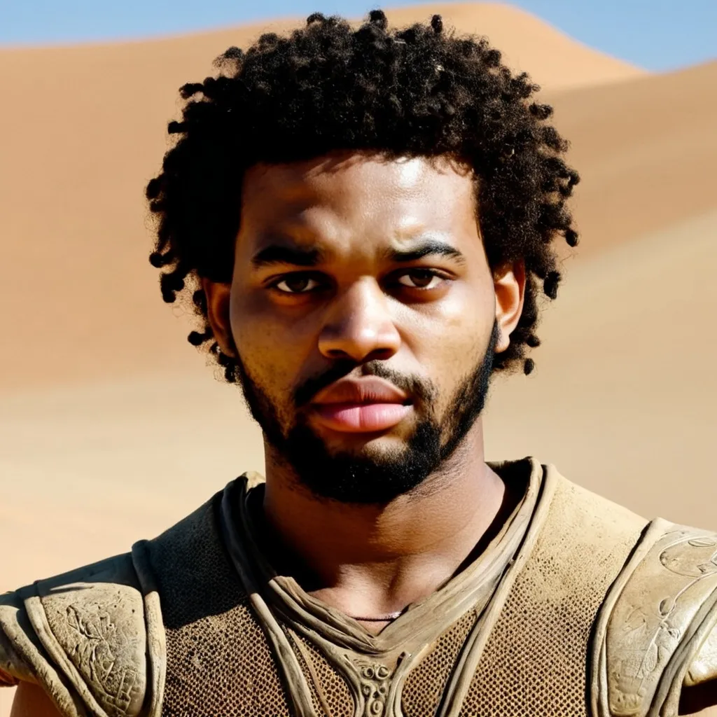 Prompt: NFL QB Caleb Williams, as the Lisan Al gaib, from the Dune movie. He is standing in the desert. Incorporate fantasy football elements within the image.