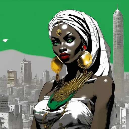 Prompt: B&W frazetta art, African lady without apparel with  red lips green eyes nice body, and wearing a kaffiyeh with golden colors also ,her fingers she is wearing emerald rings and add the background as a vibrant cyberpunk city with Nairobi vibes