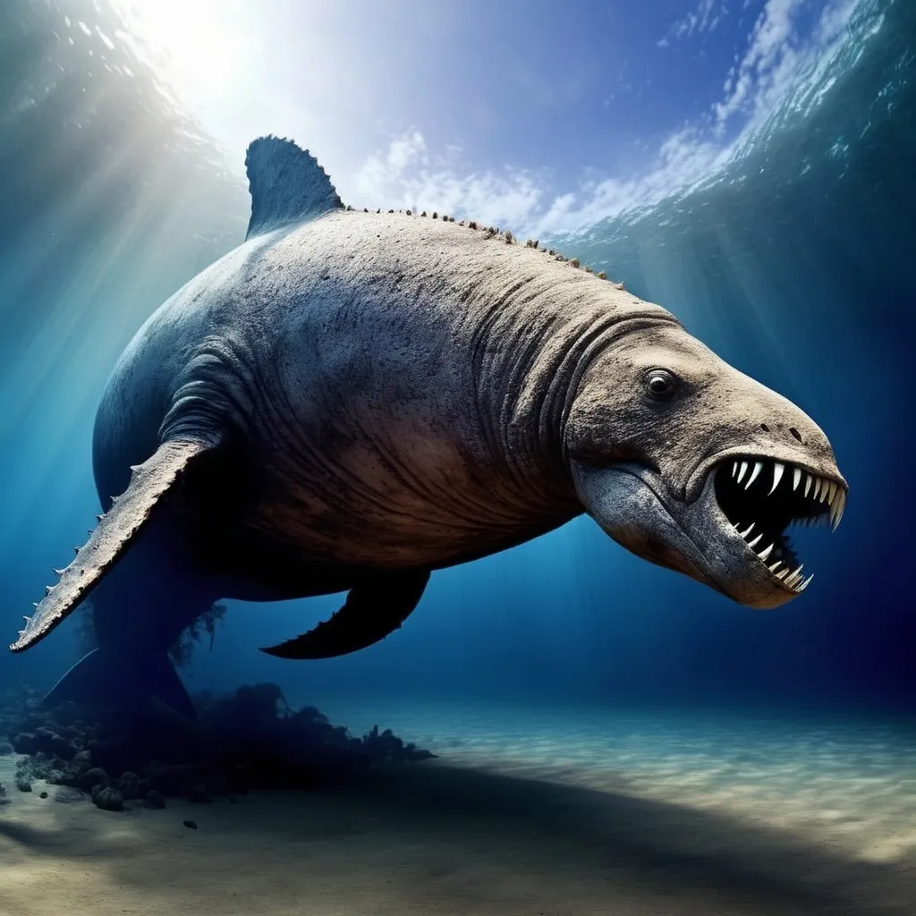 Prompt: Create a huge sea animal who has been brought back from extinction.