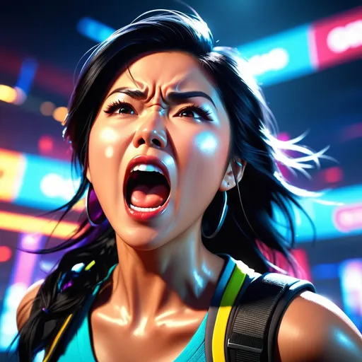 Prompt: Video game. Asian woman shouting in anger.