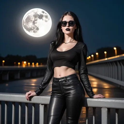 Prompt: Tall white Girl with long black hair, leather pants, black top , posing on a bridge, side view, midnight, full moon, black sunglasses