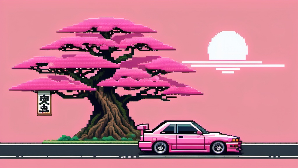 Prompt: pixel art ,tree of japan ,road and jdm car,pink color base, reality