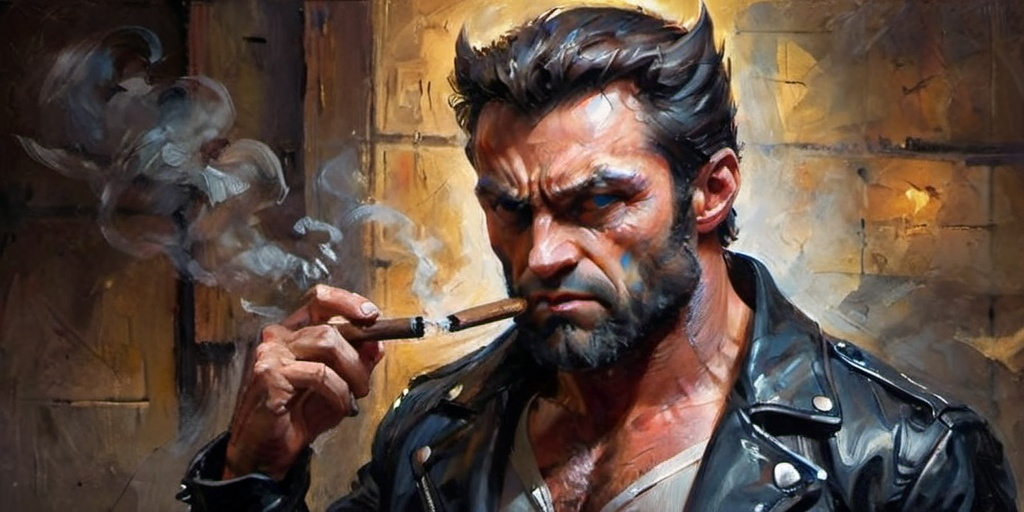 Prompt: (unmasked Wolverine smoking a cigar), muscular and rugged appearance, fierce expression, dramatic shadows, cinematic lighting, rich color palette, intense vibes, wearing black leather jacket, urban background setting, deep contrasts highlighting facial features, smoke curling elegantly, high quality, ultra-detailed, dynamic composition