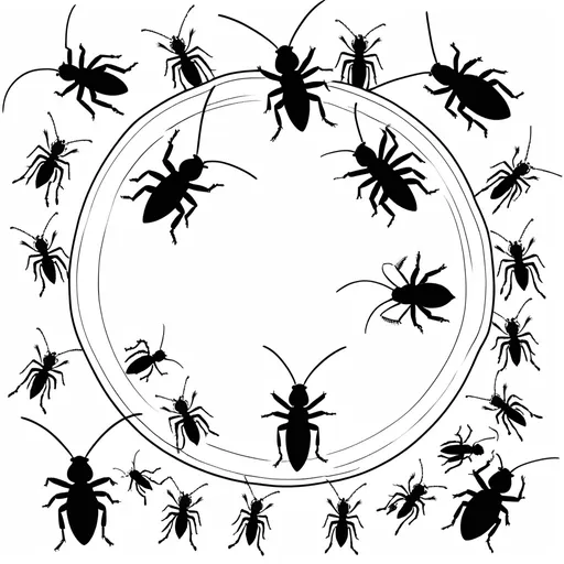 Prompt: B&W coloring book page, about 20 bugs, cockroaches and ants on a white platter, line art, solid white background