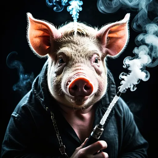 Prompt: Dark fantasy style photo of a pig with vape