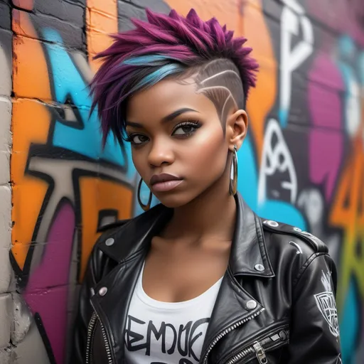 Prompt: (photorealistic), African-American female, edgy emo attire, taper fade pixie hairstyle, leaning against a vibrant graffiti wall, nonchalant pose, intricate facial features, realistic skin tone, dramatic urban backdrop, colorful street art, urban aesthetics, high detail, HD quality, trendy vibe, rebellious energy, intricate details, expressive stance.