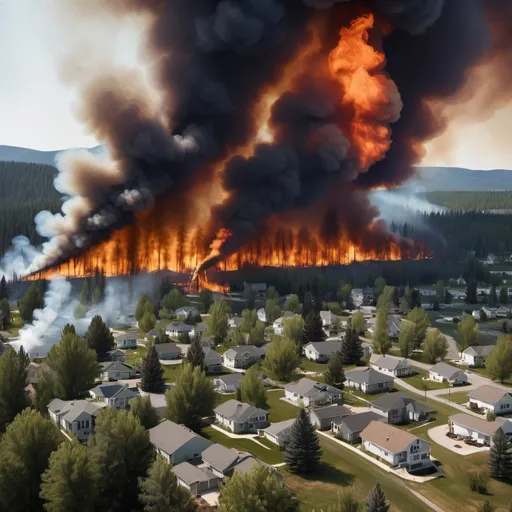 Prompt: A forest wildfire encroaching on homes at the edge of a town showing at least 30 homes and add a refinery at the edge of town