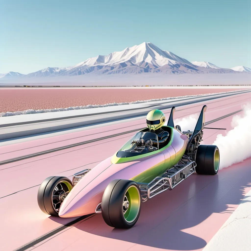 Prompt: Barren salt lake with snow capped mountains in the far distance. The sky is pastel pink, pastel yellow and pastel green shading to lighter tones near the top of the picture, in the foreground is a futuristic top fuel dragster with a photorealistic mechanical robot driver. The vehicle is at top speed with flames coming out of the header pipes. Salt is being flung out from wheels leaving a dust cloud behind the dragger.