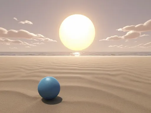 Prompt: A beach scene with the sun in the sky and a ball on the sand in the style of the image. The character should be able to fit inside the generated scene.