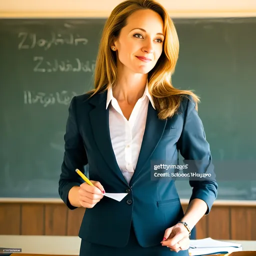 Prompt: (beautiful and attractive blue-eyed teacher), wearing an elegant suit with a short skirt, (standing confidently in a bright classroom), writing English words on a blackboard, (many Indian children intently listening from their benches), illuminated by a sunny day, creating a joyful and inspiring atmosphere, vibrant colors, warm lighting, (ultra-detailed), an engaging educational scene, full of positivity and enthusiasm.