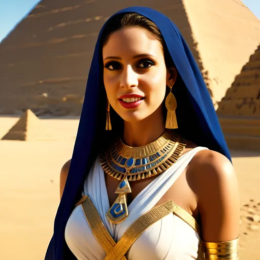 Prompt: (young and beautiful Ancient Egyptian queen with blue eyes), standing in the vast desert, intricate Ancient Egyptian attire, adorned with gold accessories, pyramids gleaming with white limestone in the background, (enchanting atmosphere), warm golden sunlight casting shadows, soft winds creating a serene ambiance, high-quality detail, (4K).