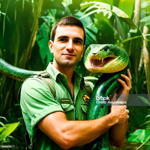 Prompt: young and happy explorer, wearing green safari attire is in Amazon jungle and is hugging a happy anaconda snake, surrounded by numerous anaconda snakes, sunny day, jungle atmosphere