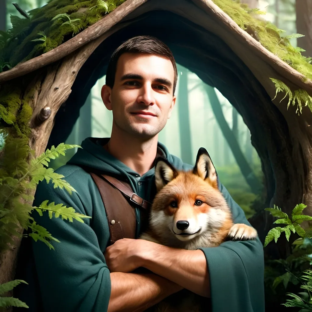 Prompt: a young and handsome ranger wearing a cloak is standing in a fairytale forest nest to smiling grizzly bear, smiling wolf, smilng fox, smiling rabbit, smiling deer, mystic atmosphere, , fairy tale forest, photorealistic