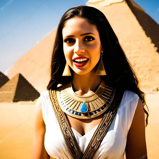 Prompt: a young and beautiful Ancient Egyptian queen wearing Ancient Egyptian attire is standing in the desert with pyramids covered in gleaming white limestone in the background, Ancient Egyptian atmosphere