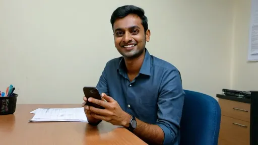 Prompt: An Indian guy sitting in office and cheekily smiling at the camera. He's using his phone too