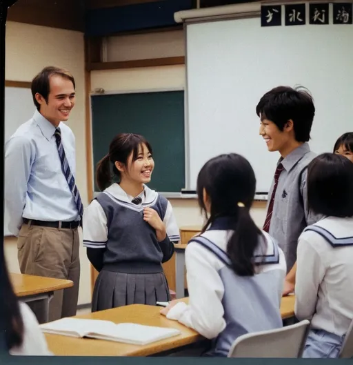 Prompt: High School lesson:
An American teacher is leading an English class with Japanese high school students. Two students are standing at the front of the class, engaged in a conversation with each other. The teacher is standing to the left, smiling at the students. The other students are seated, listening attentively, and also smiling. The classroom is a typical Japanese high school setting, with students dressed in their uniforms.