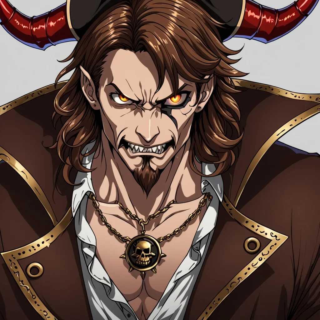 Prompt: anime, man, detailed, brown hair, evil, devil horns, very detailed, hazel eyes, pirate