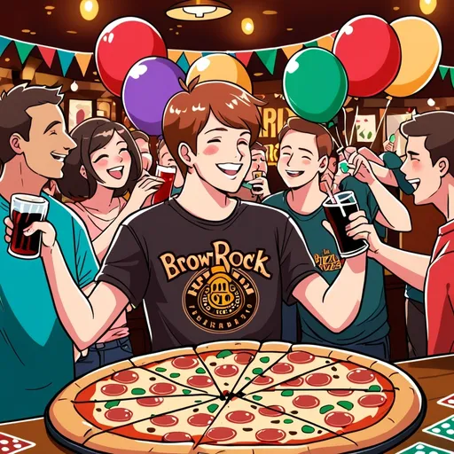 Prompt: 30th birthday, boy with brown and short hair in the front with hard rock shirt, ballons, pub, music, fun, pizza, people, party, woman, beverages, cola, games, board game, dance floor