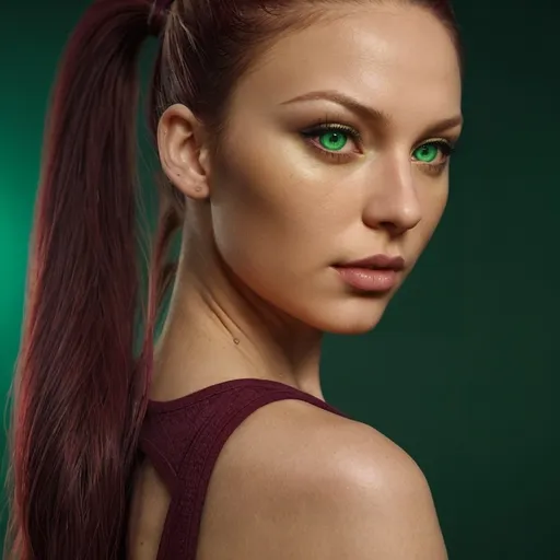 Prompt: intensiv , hot woman,burgundy opened hair, captivating (green eyes), stylish ponytail, vibrant colors,dramatic lighting, real person