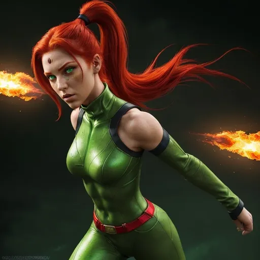 Prompt: female hero, full body view, striking fiery red opened hair, captivating (green eyes), stylish ponytail, vibrant colors,dramatic lighting, ultra-detailed, high-quality image,