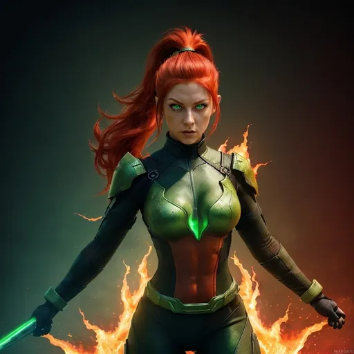 Prompt: female hero, full body view, striking fiery red opened hair, captivating (green eyes), stylish ponytail, vibrant colors,dramatic lighting, ultra-detailed, high-quality image,