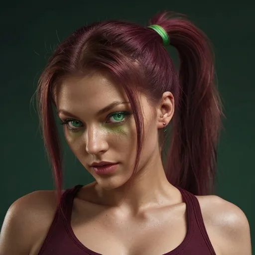 Prompt: intensiv , hot woman,burgundy opened hair, captivating (green eyes), stylish ponytail, vibrant colors,dramatic lighting, ultra-detailed, high-quality image,