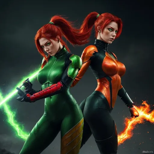 Prompt: female hero, full body view, striking fiery red opened hair, captivating (green eyes), stylish ponytail, vibrant colors,dramatic lighting, ultra-detailed, high-quality image,