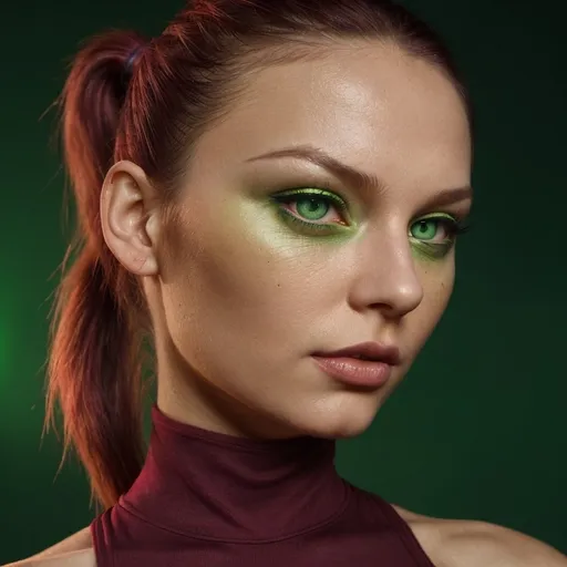 Prompt: intensiv , hot woman,burgundy opened hair, captivating (green eyes), stylish ponytail, vibrant colors,dramatic lighting, real person