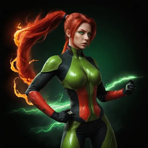 Prompt: female hero, full body view, striking fiery red opened hair, captivating (green eyes), stylish ponytail, vibrant colors,dramatic lighting, ultra-detailed, high-quality image,