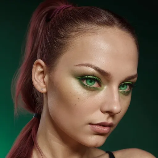 Prompt: intensiv , hot woman,burgundy opened hair, captivating (green eyes), stylish ponytail, vibrant colors,dramatic lighting, real person