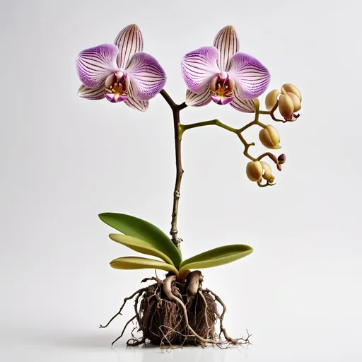 Prompt: orchid flower with roots a few roots, white background