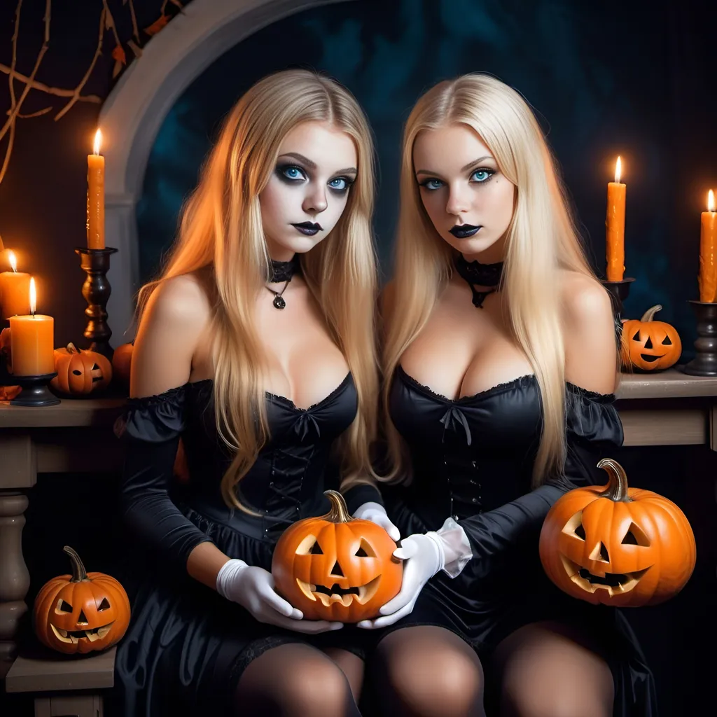 Prompt: 2 girls, American, 15/16, bright blue eyes, long blonde hair, Halloween style, short tight clothes, candle lights, glamour photography at a séance,  spooky themes, cauldron, pumpkins, orange glow, long white gloves and stockings, alluring gaze, beautiful, flawless beauty, freckles